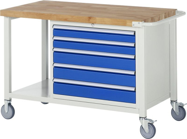 Etabli mobile RAU 8000 - modèle 8271, L1250 x P700 x H880 mm, conteneur de sous-structure à droite, 5x tiroirs : 2xH90, 3xH120 mm, 05-8271A6-127B4S.11