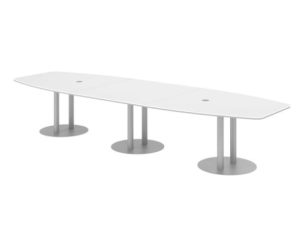 Table de conférence Hammerbacher KT40S, 400 x 130 cm, plateau : blanc, épaisseur 25 mm, avec trois pieds colonnes argentés, 7,6/70 cm, hauteur de travail 74 cm, VKT40S/W/S