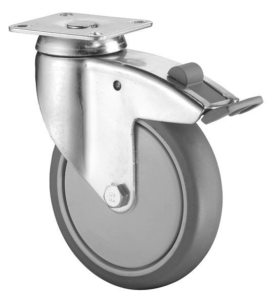 Roulettes BS Roulette pour appareil lourd avec frein, largeur 31 mm, Ø125 mm, jusqu'à 100 kg, caoutchouc gris, roulement à billes, platine, lot de 2, C120.A85.125
