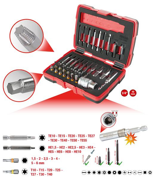 KS Tools Jeu d'extracteurs de vis Torx et à six pans creux 1/4" + 10 mm, 34 pièces, 150.7060