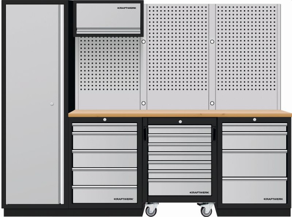 Kraftwerk Mobilio Combinaison 4 personnes, armoire haute, paroi perforée, hêtre, 3964K-H5R4-K1W