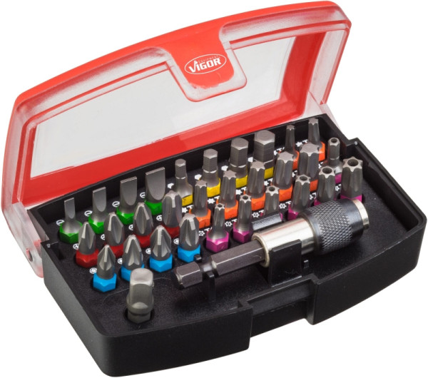 VIGOR Bit Box, hexagone plein 6,3 (1/4 pouce), profil TORX inviolable, nombre d'outils : 32, V5019