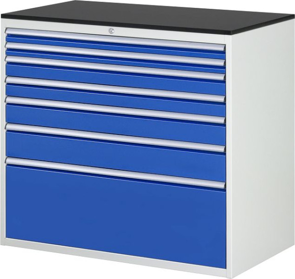 Armoire à tiroirs RAU série 7000, L1145xP650xH1030mm, tiroirs : 2xH60, 2xH90, H120, H150, H360mm, plan de travail mélaminé résineux, 03-XXL7.9A-M.11