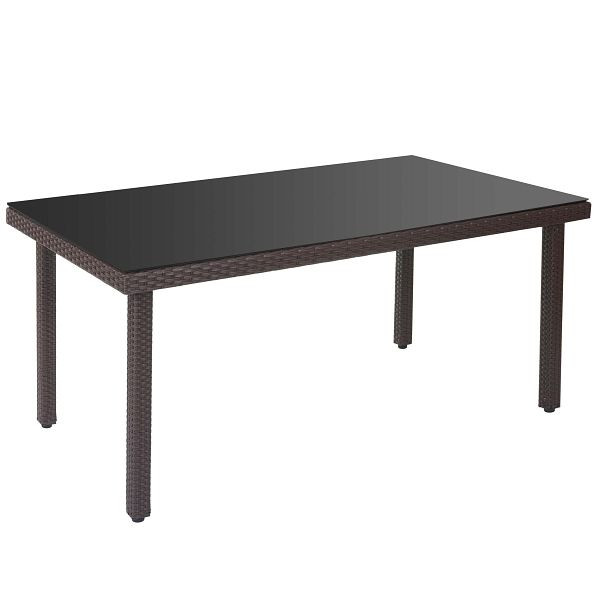 Table de jardin en rotin synthétique Mendler Cava, table à manger avec plateau en verre, 160x90x74cm, marron, 52355