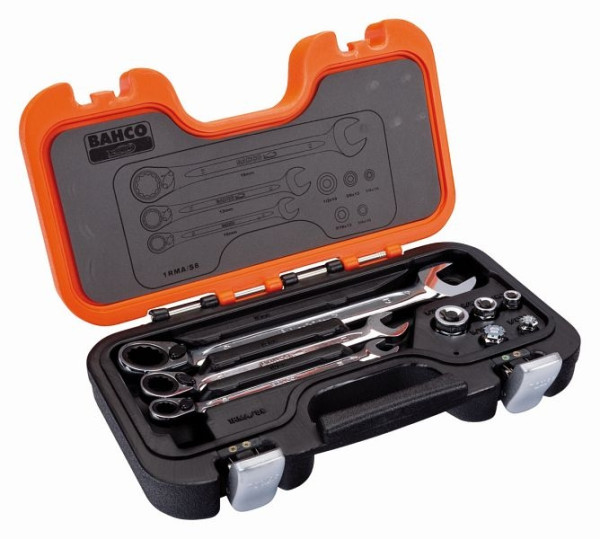 Jeu de clés mixtes à cliquet Bahco, mâchoires coudées à 15°, 8 pièces, avec adaptateurs, 1RMA/S8