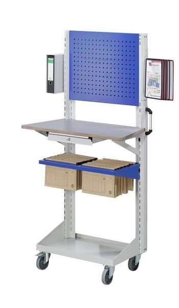 Panneau métallique perforé de base ANKE, plan de travail, tiroir suspendu, dossier suspendu, porte-cartes d'affichage et porte-dossiers; 800x450x1950mm; avec 1x panneau perforé