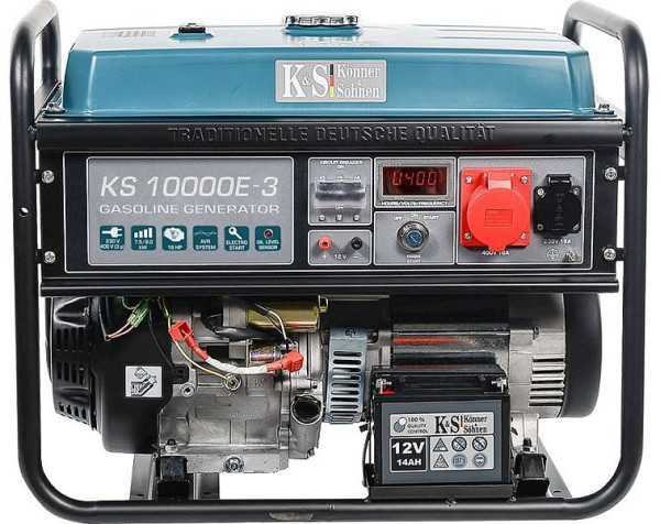 Könner & Söhnen Groupe électrogène essence E-start 8 000 W, 1 x 16 A (230 V)/1 x 16 A (400 V), 12 V, régulateur de tension, protection contre le faible niveau d'huile, protection contre les surtensions, affichage, KS 10000E-3