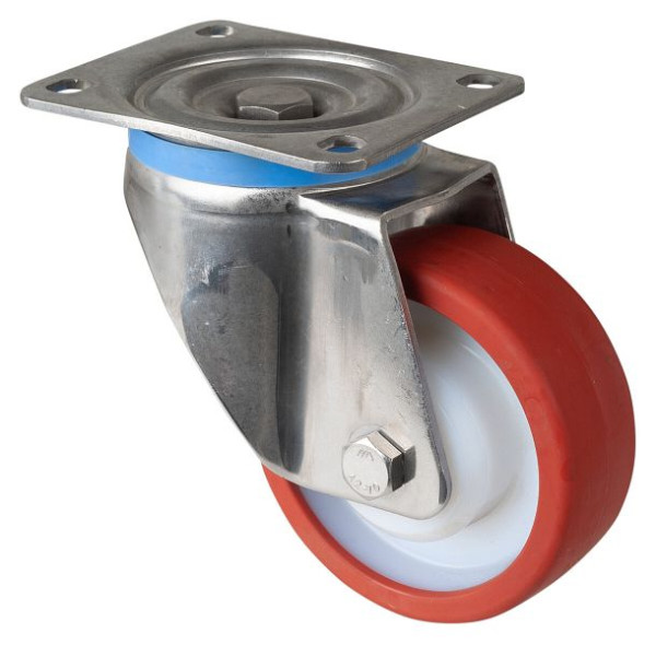 Roulette pivotante pour charges lourdes en acier inoxydable, roue en polyuréthane rouge, roulement lisse, plaque à visser, diamètre 125 mm, HS100.B27.126