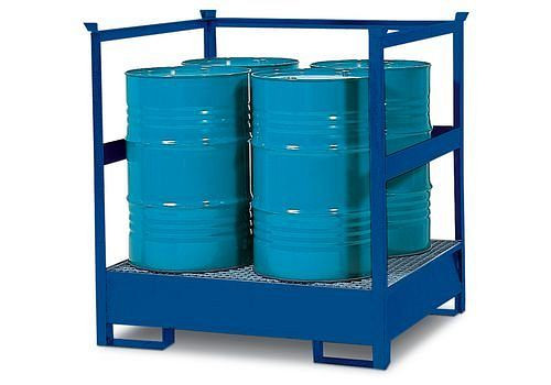 Station de matières dangereuses DENIOS 4 P2-R en acier, peinte, pour 4 fûts de 200 litres chacun, avec cadre, empilable, 114-608