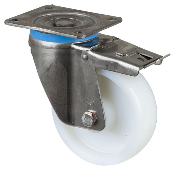 Roulettes pivotantes pour charges lourdes en acier inoxydable avec frein, roue en acier inoxydable, roue en plastique, roulement lisse, plaque à visser 150 mm 700 kg, HS120.A90.150