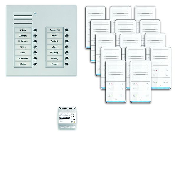 Système de commande de porte audio TCS : pack UP pour 14 unités résidentielles, avec poste extérieur PUK 14 boutons de sonnerie 2 colonnes, 14x haut-parleur mains libres ISW5031, commande, PAUF142 / 001