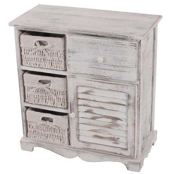 Commode Mendler avec 3 paniers 63x60x30cm, aspect shabby, vintage, blanc, 30439