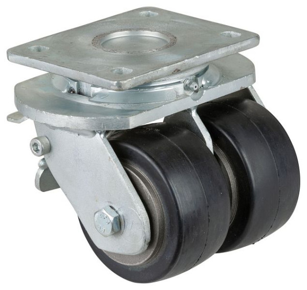 Roulettes BS Roulette double robuste avec roue/blocage, B2x50 mm, Ø100 mm, jusqu'à 420 kg, bandages élastiques noirs, corps coulé, roulements à billes, S120.B81.100