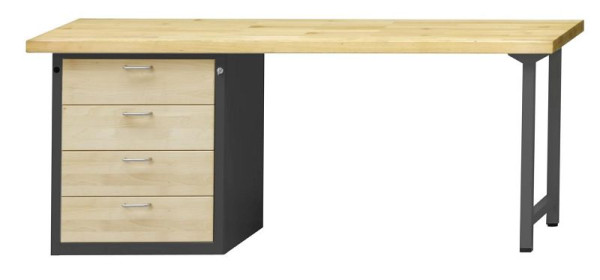 Établi combiné ANKE; 2000x700 mm; RAL 7016 / hêtre ciré naturel; Hêtre plaque solide; Armoire inférieure gauche (V-BL) 660x615 mm, 4 tiroirs