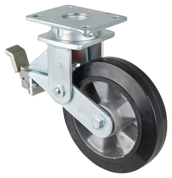 Roues BS Roulettes fortes charges à ressorts avec freins, largeur 50 mm, Ø200 mm, jusqu'à 450 kg, bandages élastiques noirs, corps en aluminium, roulements à billes, T120.B80.200