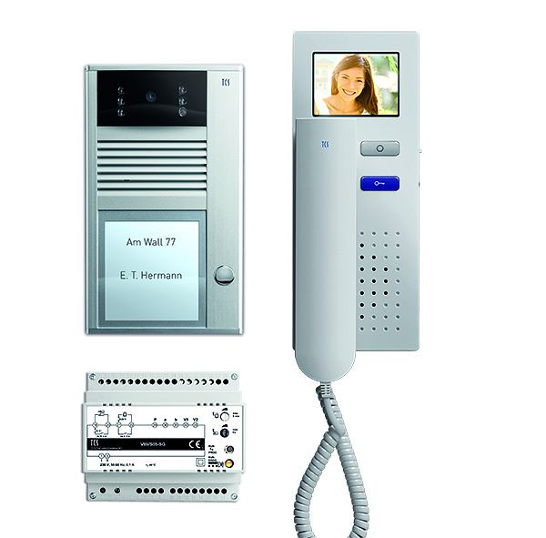 Vidéo commande de porte TCS : pack AP V2D pour 2 unités d'habitation, avec platine de rue AVC 2 boutons de sonnerie, 2x visiophone IVH4222, fourniture, PVC2420-0010
