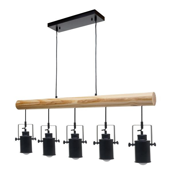 Suspension Mendler HWC-H83, lampe suspendue suspension, industriel vintage bois massif métal noir, abat-jour 5 spots, 74214