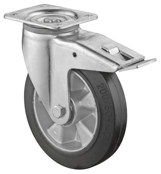 BS Rolls Roulette robuste avec frein, largeur 50 mm, Ø200 mm, jusqu'à 450 kg, bandages élastiques noirs, corps de roue en aluminium, roulements à billes, L620.B80.200