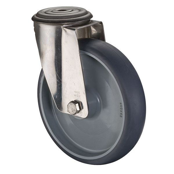 Rouleau de transport en inox BS rollers, largeur 50 mm, Ø200 mm, jusqu'à 200 kg, bandages thermoplastiques gris, corps de roue en plastique, paliers lisses, H101.B43.200