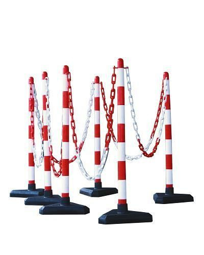 Ensemble de support de chaîne DENIOS, 6 pièces, 870mm, chaîne de 10m, rouge/blanc, base en plastique triangulaire, remplie de béton, 180-245