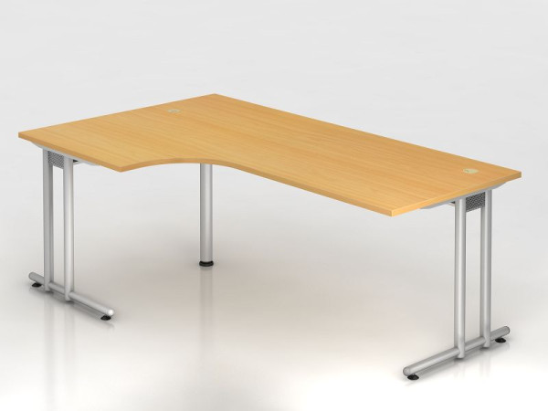 Table d'angle Hammerbacher pied C 200x120cm 90° hêtre/argent, forme d'angle 90°, chemin de câbles horizontal, hauteur de travail 72 cm, VNS82/6/S