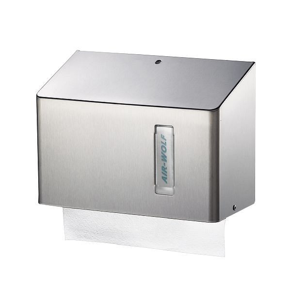 Distributeur d'essuie-tout Air Wolf pour environ 300 essuie-tout pliés, série Omega, H x L x P : 200 x 278 x 133 mm, acier inoxydable revêtu, 29-020