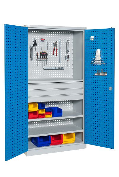 Meuble d'atelier SOFAME à panneaux perforés L 1000 x P 500 x H 1950 mm ; avec 2 tiroirs, 2 étagères et 1 plan de travail en bois, W030080002GCBI