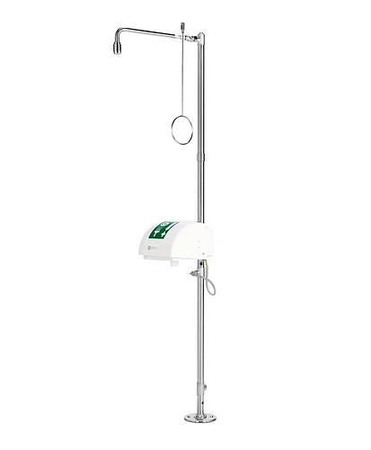 Douche de corps B-SAFETY avec douchette pour les yeux avec bac collecteur et couvercle, acier inoxydable, montage au sol, BR 838 095/75 l, 305284