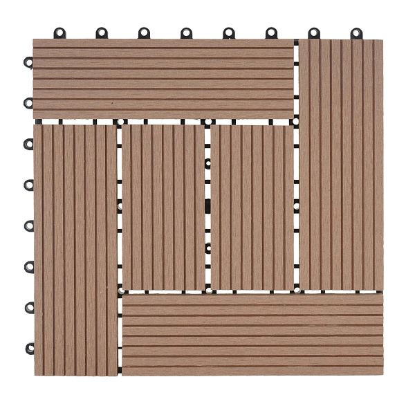 Carrelage de sol Mendler WPC Rhone, balcon/terrasse aspect bois, 11x chaque 30x30cm = 1m², Premium, décalage en teck, 57951