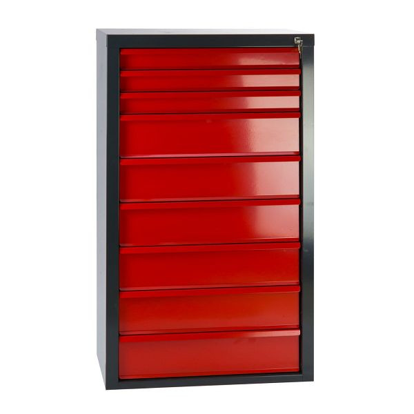 Armoire à tiroirs ADB "MAMMUT" 9 tiroirs, couleur corps : gris, RAL 7016, couleur tiroirs : rouge, RAL 3020, dimensions LxPxH : 70x43,5x120 cm, 24801