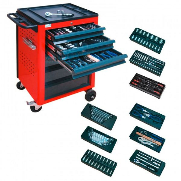 Chariot d'atelier ADB BASIC avec outils, 115 pièces, dimensions : 960 x 610 x 450 mm (HxLxP), couleur du corps : rouge, RAL 3020, couleur façade : gris, RAL 7016, 21002