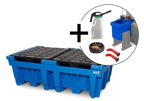 Kit DENIOS classic-line composé de 2 bacs de collecte IBC-PE, détecteur de fuite, accessoire récipient de remplissage, rallonges de bec verseur et pichet, 276650
