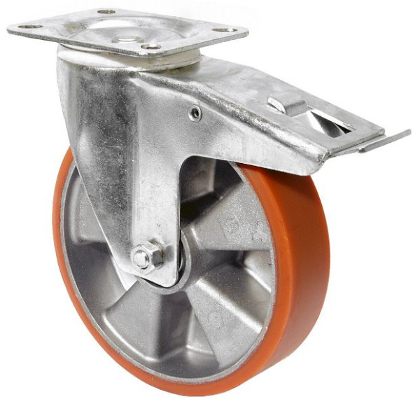 Rouleau de transport BS rollers avec frein, largeur 38 mm, Ø125 mm, jusqu'à 300 kg, bande de roulement en polyuréthane coulé, corps en aluminium, roulements à billes, LB520.B90.125