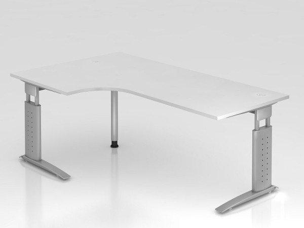 Table d'angle Hammerbacher pied C 200x120cm 90° blanc/argent, forme d'angle 90°, chemin de câbles horizontal, peut être monté à gauche ou à droite, VUS82/W/S
