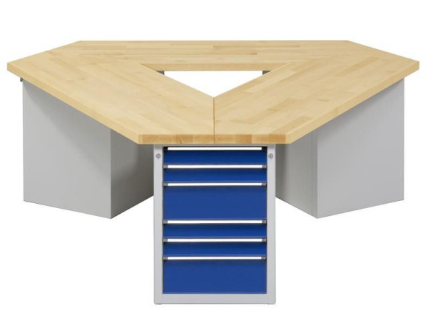 Établi de groupe triangulaire ANKE; 3 postes de travail; 2370x2052 mm; RAL 7035/5010; Plateau en hêtre massif 50 mm; Longueur de bord 1660 mm, modèle 306 VG
