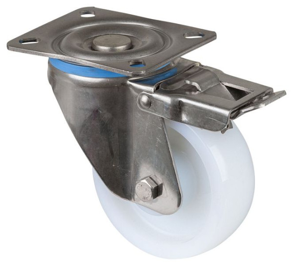 Rouleaux BS pour charges lourdes en acier inoxydable avec frein, largeur 35 mm, Ø100 mm, jusqu'à 300 kg, surface/corps en plastique, roulement à rouleaux en acier inoxydable, HS120.B14.100