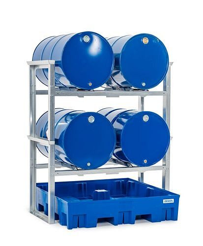 Râtelier à fûts DENIOS pour 4 fûts de 200 litres chacun, avec plateau en plastique, 1429 x 1235 x 1637 mm, 291-786