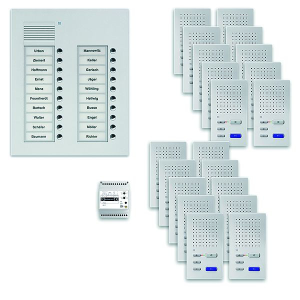 Système de commande de porte audio TCS : pack UP pour 20 unités résidentielles, poste extérieur PUK 20 boutons de sonnerie 2 colonnes, 20x haut-parleur mains libres ISW3030, commande, PPUF20 / 2-EN / 02