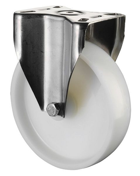 Rouleau de transport BS rollers en acier inoxydable, largeur de roue 50 mm, roue Ø 200 mm, capacité de charge 300 kg, bande de roulement/corps de roue en plastique, palier lisse, plaque, H110.A90.200