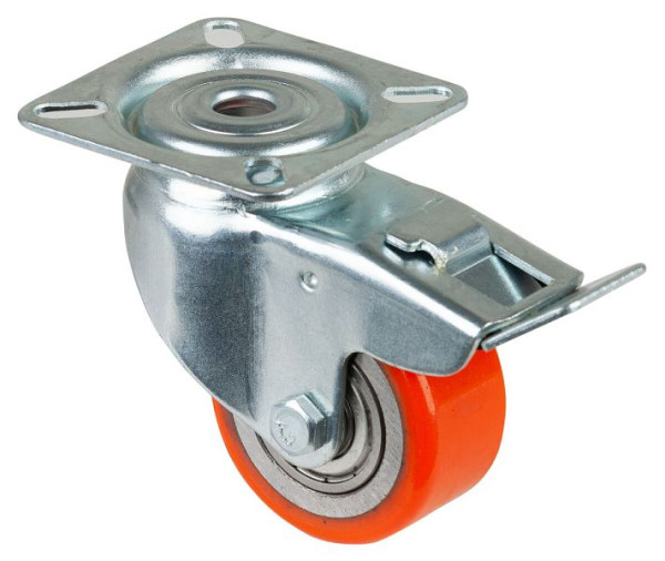Rouleaux BS rouleau compact avec frein, largeur 25 mm, Ø50 mm, jusqu'à 120 kg, bande de roulement polyuréthane, corps de roue en acier, roulement à billes, pack : 2 pièces, A620.C10.050