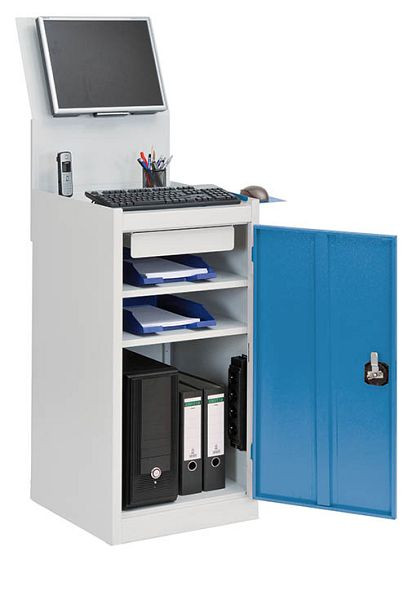 Chariot informatique Bedrunka+Hirth 105-1 stationnaire, 1 x porte battante, 1 x tiroir, 2 x étagères, 1 x support d'écran, 500 x 500 x 1574 mm, 04105MC125oRA