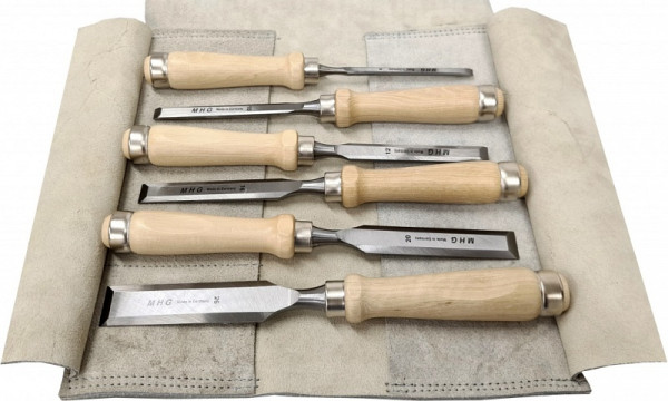 MHG Stechbeitelsatz im Weißbuchenheft mit Lederrolltasche, Klinge feingeschliffen, Größe: 6 teilig, RTL13001.06