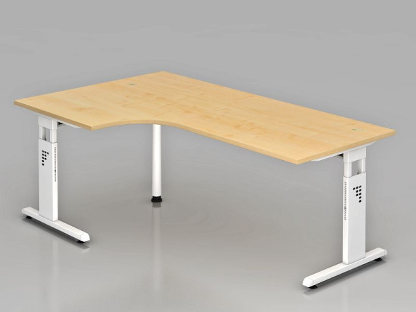 Table d'angle Hammerbacher pied C 200x120cm 90° érable/blanc, forme d'angle 90°, chemin de câbles horizontal, peut être monté à gauche ou à droite, VOS82/3/W