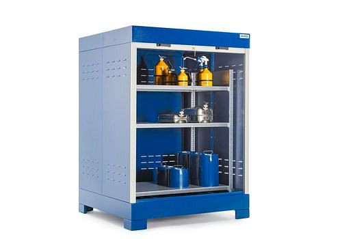 DENIOS SteelSafe Dépôt de matières dangereuses D4, avec volet roulant et étagère en acier pour petits conteneurs, 220 litres, 291046