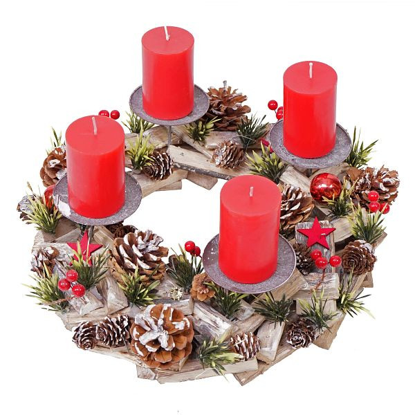 Mendler Couronne de l'Avent HWC-H50, Décoration de Noël Arrangement de l'Avent Arrangement de Noël, rond en bois Ø 33cm, avec 4x bougies rouges, 73495