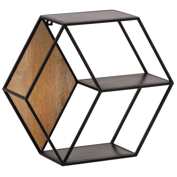 Wohnling Étagère Murale 60x52x20 cm Étagère Suspendue en Bois Massif/Métal de Manguier Industriel, Étagère Flottante de Conception Hexagonale, avec 3 Étagères, WL6.764