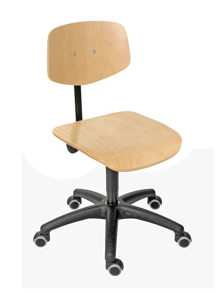 Chaise de travail Lotz, assise/dossier en hêtre naturel, laqué, piètement en plastique noir, roulettes doubles, hauteur d'assise 445-635 mm, 6162.12