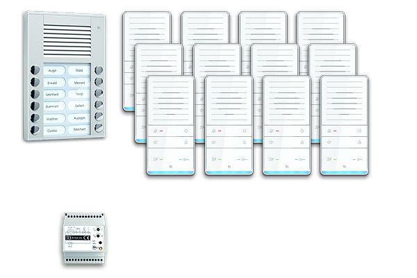 Système de commande de porte audio TCS : pack AP pour 12 unités résidentielles, avec poste extérieur PES 12 boutons de sonnerie, 12x haut-parleur mains libres ISW5031, unité de contrôle BVS20, PAAF122 / 001