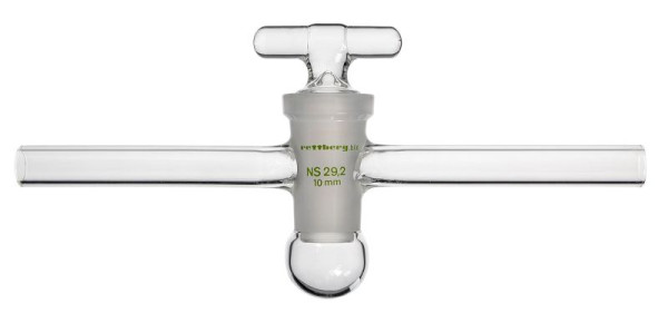 Robinet d'arrêt Rettberg pour vide poussé, forme de sac, poignée droite, bouchon en verre creux NS 14,5/2,5 mm, verre borosilicaté 3,3, 134512203