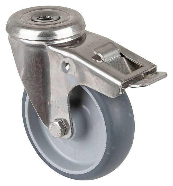 Rouleau de transport en inox avec frein BS rollers, L30 mm, Ø100 mm, jusqu'à 80 kg, pneus thermoplastiques gris, paliers lisses, H121.B43.100